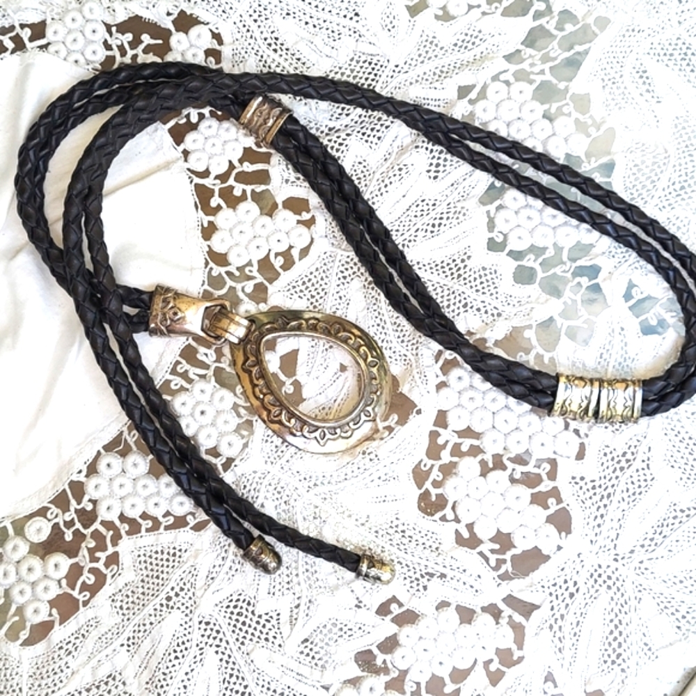 Vintage R.O.C Lariat Style Leather Belt Black with Silver Tone Metal Boho Hippie